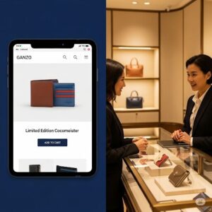 オンラインで財布を買うか、店頭で買うかのイメージ
