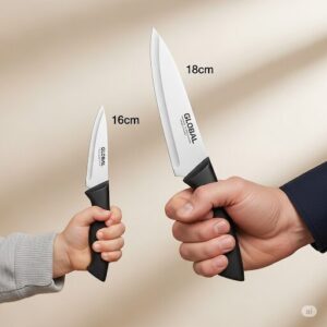 子供の手で16cm、大人の手で18cmのグローバル包丁を持っている。
