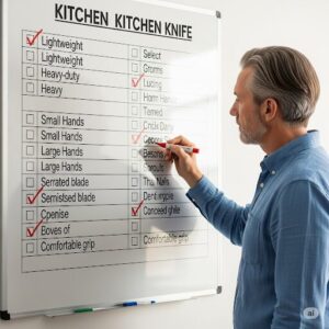 ホワイトボードにさまざまなキッチンナイフの項目が書かれていてそれにチェックしている男性。