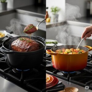 ストウブでお肉を、ル・クルーゼで細かく刻んだ野菜を調理している。