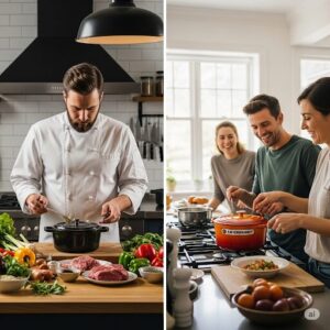 プロの料理人がストウブを、仲間でワイワイとル・クルーゼを扱っている。