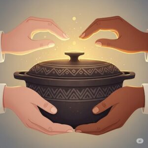 光ったお鍋を二人で持ち上げているイラスト。