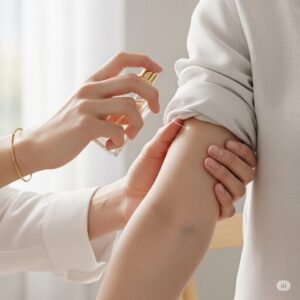 香水を腕につけている