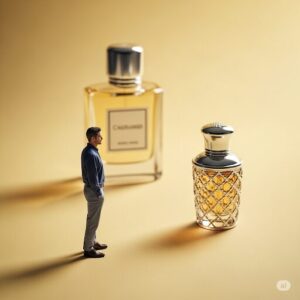 2本の香水と距離を置いているミニチュアの男性