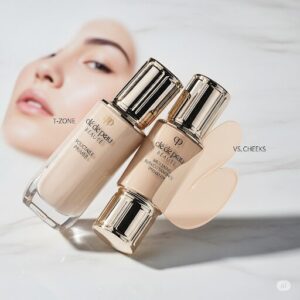 クレドとクレドの化粧品をつけて自信に溢れた女性