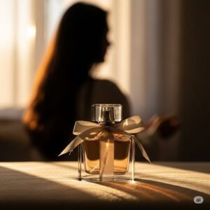 夕方に女性の前に置かれた香水のプレゼント