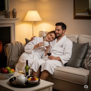 バスローブを着た男女がソファで優雅に過ごされている
