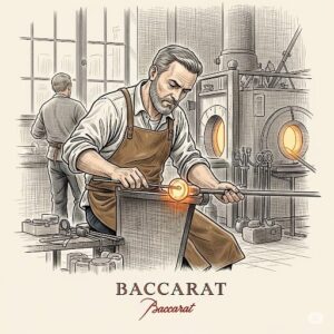 フランスのガラス工房で、職人が手作業でバカラグラスを制作している様子を描いたイラスト。