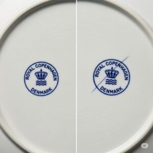 ロイヤルコペンハーゲンの皿の裏側にある、一級品と二級品のバックスタンプの違いを比較した写真。