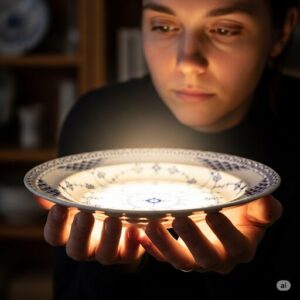 ロイヤルコペンハーゲンの皿を両手で優しく包み込み、愛おしそうに見つめている人物の写真。