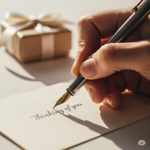 出産祝いのギフトに添えるメッセージカードに、手書きの言葉を書き込んでいる様子。