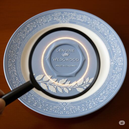 ウェッジウッドの皿に拡大鏡を当て、その中に本物の証である「WEDGWOOD MADE IN ENGLAND」のバックスタンプが鮮明に映し出されている写真。