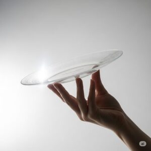 光に透かして、ウェッジウッドの皿の繊細さと軽やかさを確認している様子。