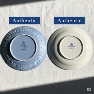 「Made in England」と、それ以外の製造国のウェッジウッドの皿が並べられ、どちらも本物であることが示されている。