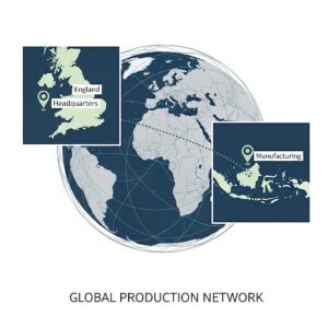 ウェッジウッドの製造国であるイギリスと、その他の国を示す世界地図のイラスト。