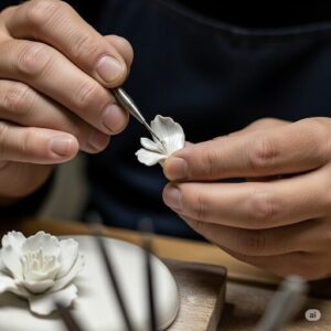 職人が磁器で、小さな花びらを丁寧に手作りしている様子。