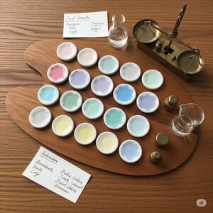 磁器の独特な色彩を生み出す、秘密の絵の具とパレットのイラスト。