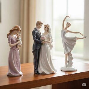 「母と子」「ウェディング」「バレリーナ」をテーマにした磁器人形を並べた写真。