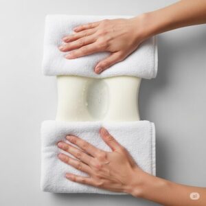 濡れてしまった低反発枕をタオルで挟み、水分を優しく押し出している様子。