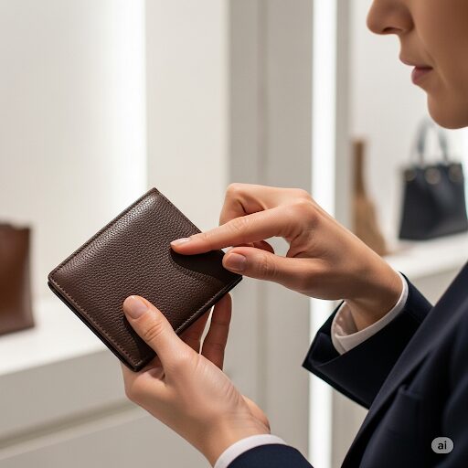 百貨店の店員が、革の財布の質感を確かめている様子。