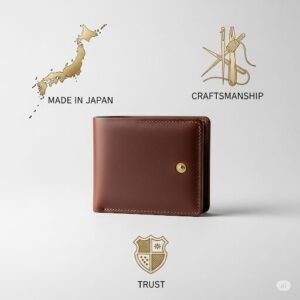シンプルな革の財布の周りに、日本製の証、職人技、信頼性を表す3つのアイコン。
