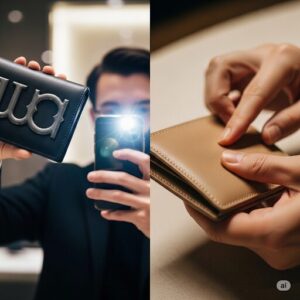 ロゴを撮影する人物と、革の質感に触れている人物を対比させた画像。