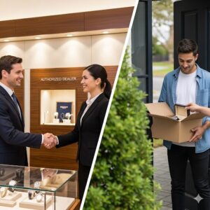 高級時計店で店員と握手する人物と、ネットで購入した商品を受け取る人物を対比させた画像。