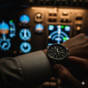 飛行機の操縦席で、腕時計の調整をしているパイロットの手元。