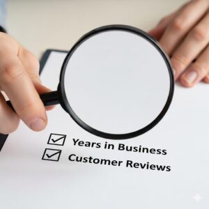 拡大鏡で、信頼できる店舗を見極めるためのチェックリストを調べている様子。