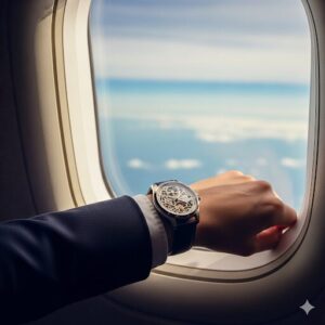 飛行機の窓から青空を眺め、腕に時計をはめている人物。