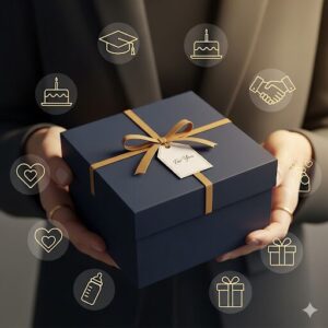 卒業式や誕生日などの様々なギフトシーンを象徴するアイコンを背景に、上品なギフトボックスを手にしている人物。