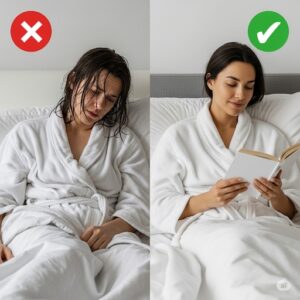 湿ったバスローブで辛そうにベッドに横になる女性と快適に本を読んでいる女性