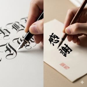 ラテン文字を書く様子と、漢字を書く様子を対比させたイラスト。