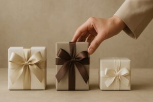 3つのギフトボックスの中から、相手に合うものを選んでいる様子。