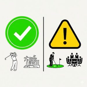 派手なウェアを着るべき場面(カジュアルなコンペ)と、注意すべき場面(名門ゴルフ場)をアイコンで比較した図。