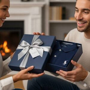 丁寧にラッピングされたギフトを、心から喜んで受け取っている人物。