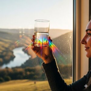 グラスを手に持ち、窓の外の美しい景色を眺めている人物。