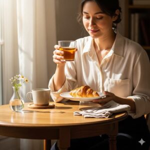 シンプルなグラスとプレートを使って、食卓でくつろいでいる人物。
