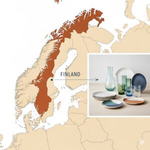フィンランドからグラスや食器が生まれる様子を象徴する地図のイラスト。