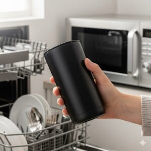 美しいグラスが手に馴染む様子と、食洗機や電子レンジに対応する機能性を表す画像。
