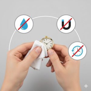ヴィンージ腕時計の手入れ方法を表すアイコン。