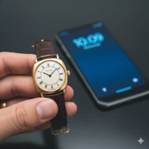 デジタル時計が映るスマホを背景に、ヴィンテージ腕時計が手の上に載っている写真。