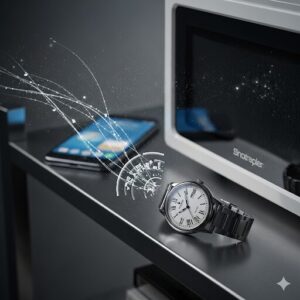 金属棚や電化製品の近くに置かれた腕時計と、遮られている電波のイラスト。