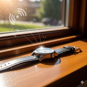 日の光が差し込む窓際に置かれた腕時計と、そこへ届く電波のイメージ。
