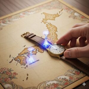 日本地図上に示された電波送信所の方向へ、腕時計を向けている手元。