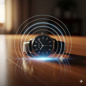 テーブルの上に静かに置かれ、電波受信中の腕時計。