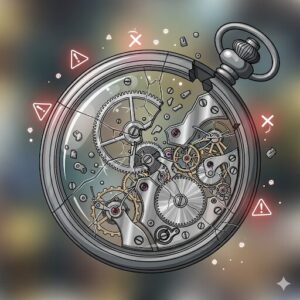 内部の歯車が壊れている様子を示す、故障した腕時計のイラスト。
