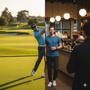 ゴルフ場と街中、両方のシーンで着られる汎用性の高いウェアを表現した写真。