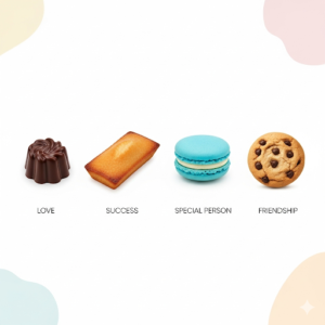 チョコレート、フィナンシェ、マカロン、クッキーが並び、それぞれのお菓子が持つ意味をアイコンで示したイラスト。