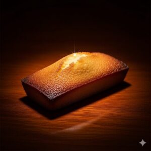 暗い背景に置かれ、金塊のように光り輝いているフィナンシェ。